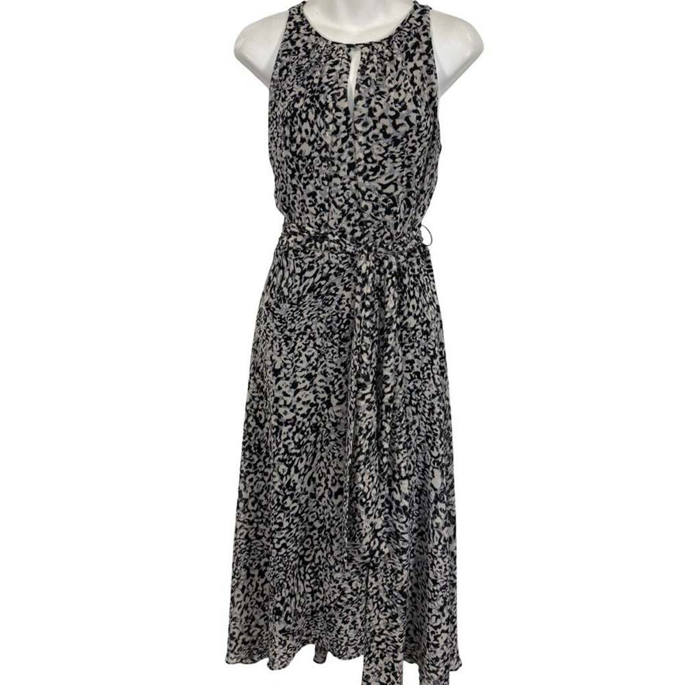 Chetta B Womens Gray Black Midi Belted Sleeveless Lined Dress Animal Print sz 6